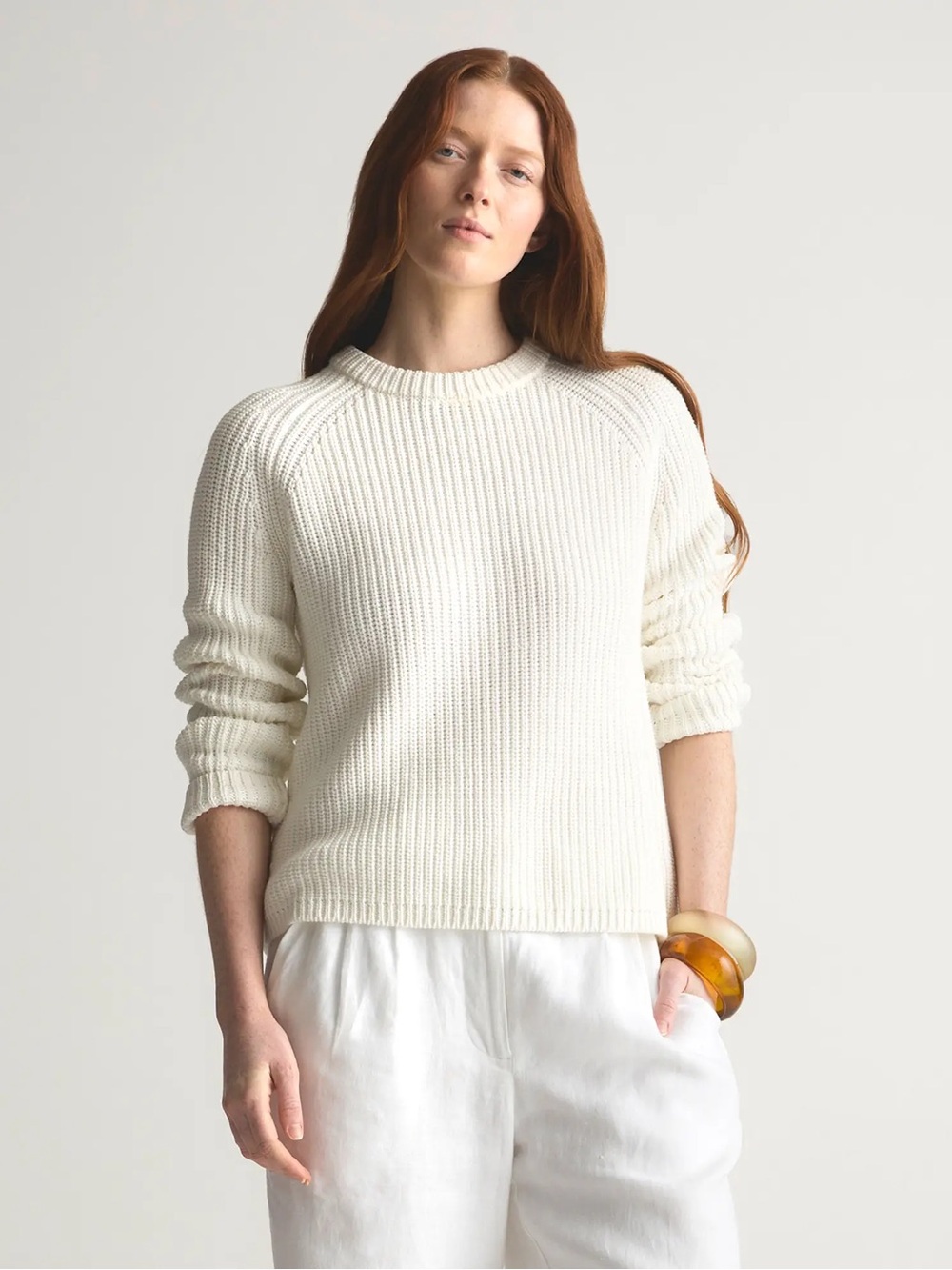 Quince Cream Ribbed Crewneck Sweater